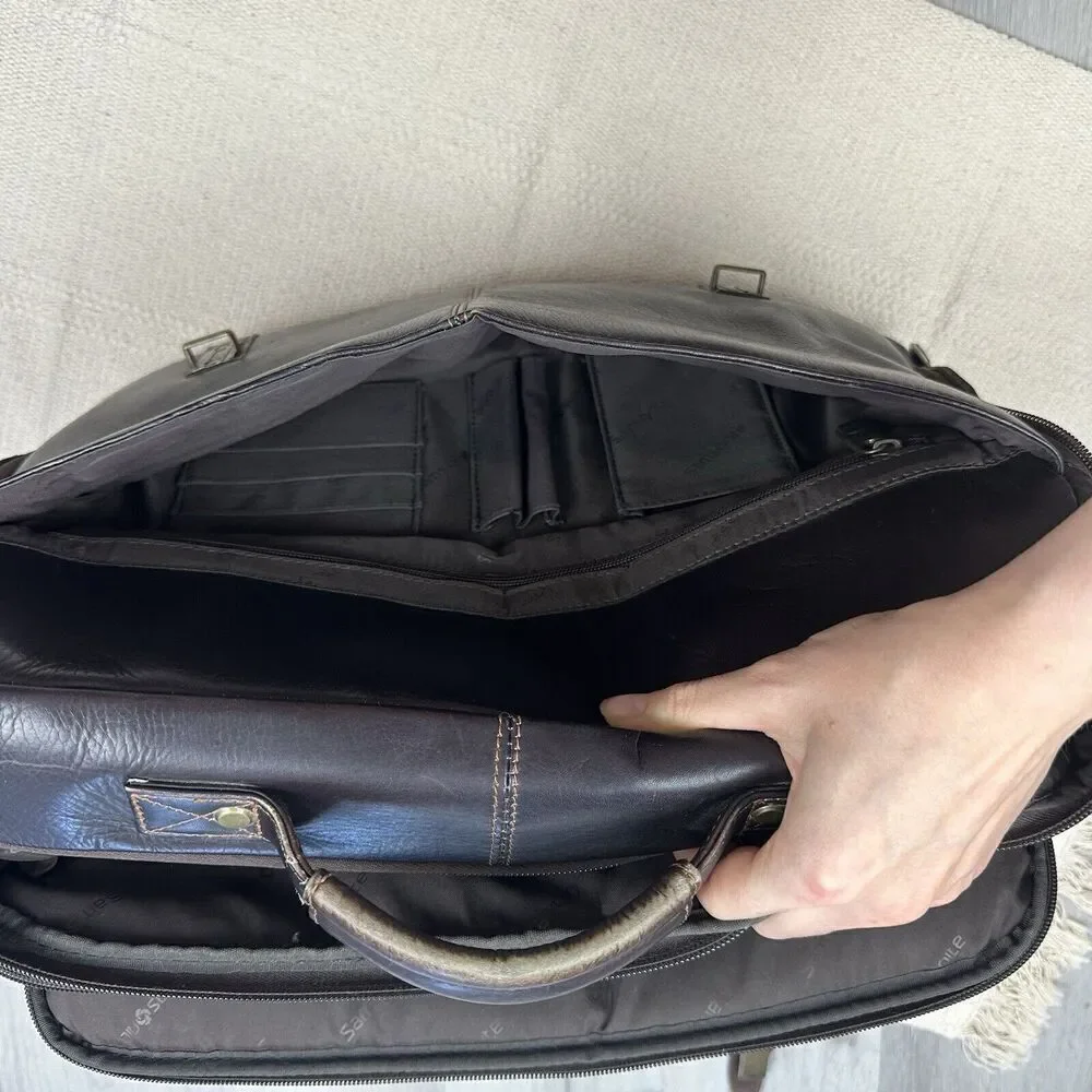 Samsonite Leather Briefcase Laptop Messenger Bag Dark Brown Shoulder Strap